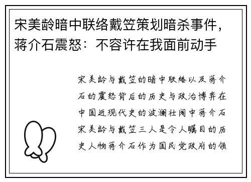 宋美龄暗中联络戴笠策划暗杀事件，蒋介石震怒：不容许在我面前动手