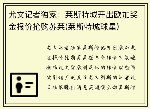 尤文记者独家：莱斯特城开出欧加奖金报价抢购苏莱(莱斯特城球星)