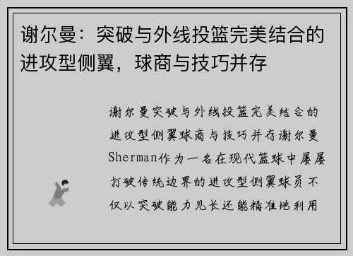 谢尔曼：突破与外线投篮完美结合的进攻型侧翼，球商与技巧并存